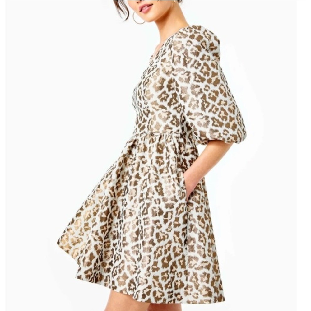Lilly Pulitzer Leopard Calyssa Metallic Jacquard Puff Sleeve Dress Gold Silver 4 - Picture 2 of 13
